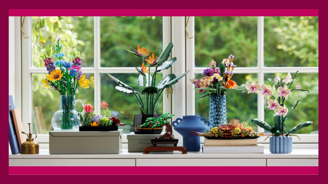 LEGO flower arrangement ideas on a windowsill, showing LEGO bouquets and plants.