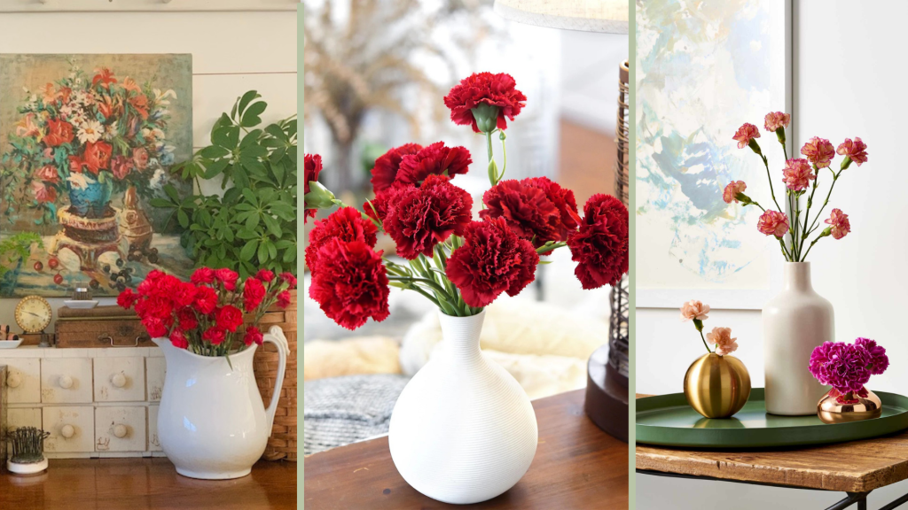 Carnations used as home decor, highlighting the January birth flower as a long-lasting decorative option