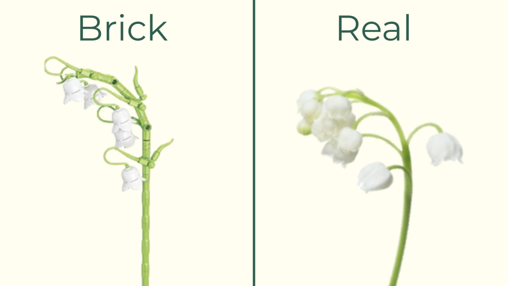 May birth flower lily of the valley displayed as a real flower next to a LEGO version