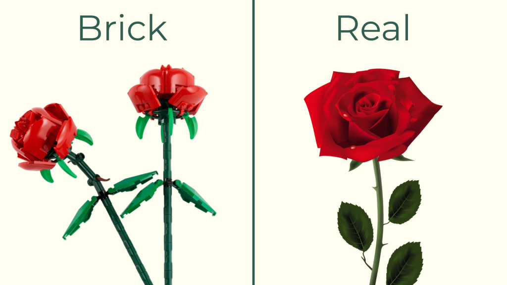 June birth flower rose comparison featuring a real rose and a LEGO rose flower design