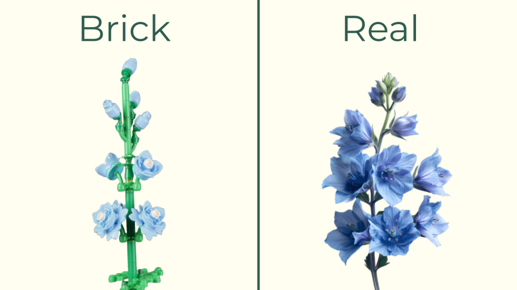 July birth flower larkspur shown in real form beside a LEGO larkspur flower build