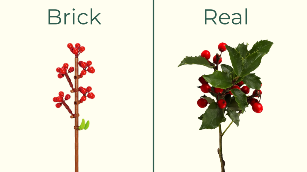 December birth flower holly shown with real holly leaves and berries alongside a LEGO holly design